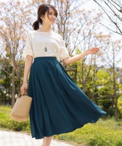 Tiaclasse [洗える]きれい色で彩る、大人のマキシ丈フレアスカート　ターコイズ