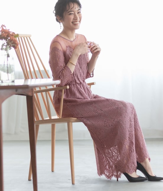 チュールパネルレースドレス