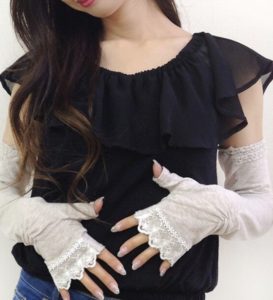 cofuri 指なし ロング丈UV手袋 裾花柄レース ベージュ
