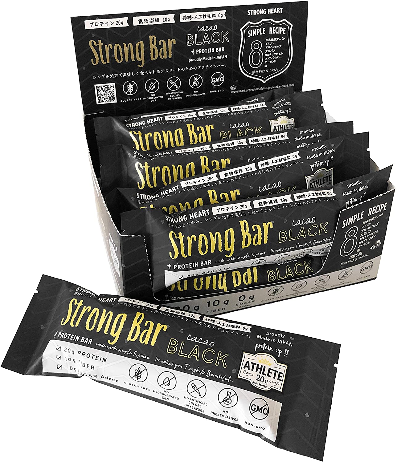 Strong Bar (ストロングバー) プロテインバー プロテイン20g 砂糖不使用 食物繊維10g 原材料たったの8つ シンプル&ナチュラル処方 国産 (カカオブラック, 12本入り)