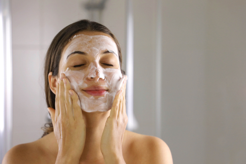 Skincare,Woman,Washing,Face,Foaming,Facewash,Soap,Scrub,On,Skin.