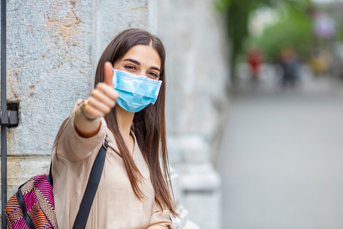 Woman,Doing,Thumbs,Up,Gesture,Wearing,A,Protective,Mask.,Young