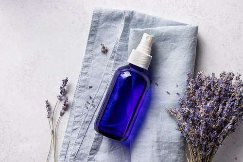 Transparent,Glass,Bottle,With,Lavender,Spray.,Herbal,Medicine,For,Treat