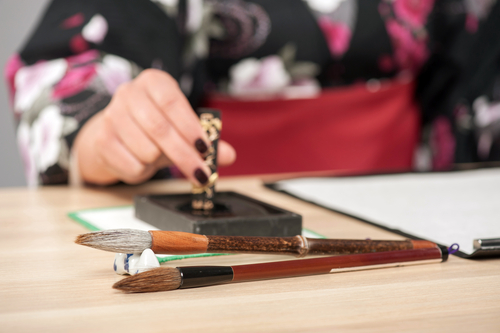Traditional,Japanese,Or,Chinese,Calligraphy.,Closeup,Image,With,Selective,Focus