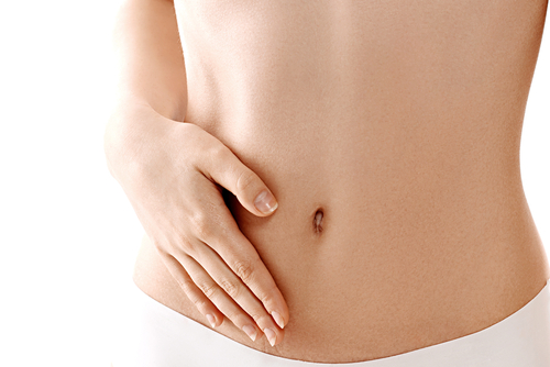 Stomach,Hand,Woman,Studio,On,White