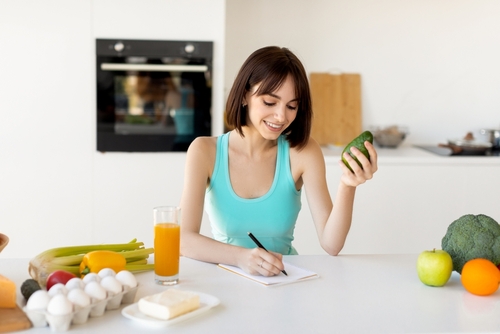 Keto,Diet,Concept.,Happy,Fit,Woman,Writing,Daily,Ration,Diet