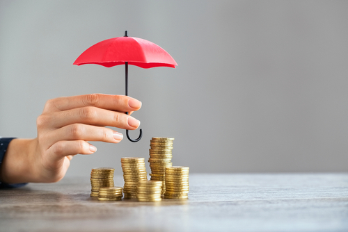 Young,Woman,Hand,Holding,Small,Red,Umbrella,Over,Pile,Of
