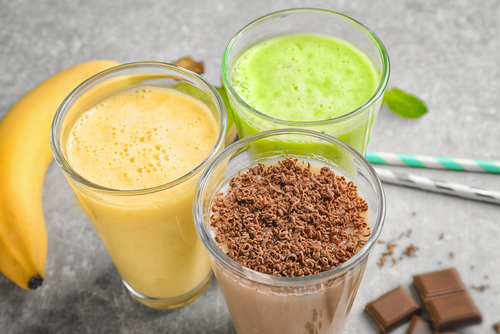 Glasses,With,Different,Protein,Shakes,On,Table,,Closeup