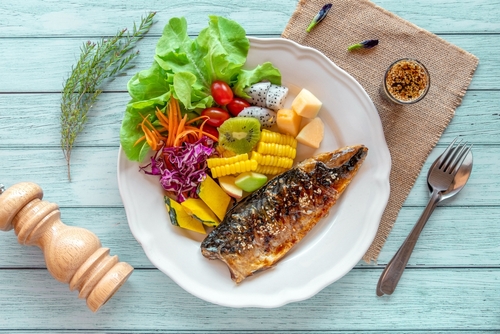Top,View,Of,Salad,With,Grilled,Saba,Fish,Sauce,,Which