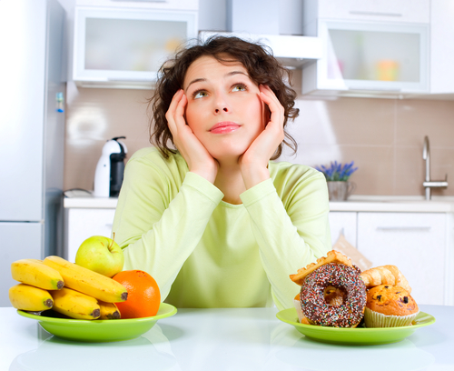 Diet.,Dieting,Concept.,Healthy,Food.,Beautiful,Young,Woman,Choosing,Between