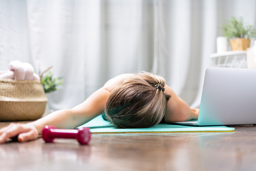 Woman,Falling,Asleep.,Tired,After,Exercise,And,Workout.,Overtraining,Concept.