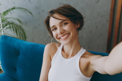 Young,Woman,Wear,White,Tank,Shirt,Doing,Selfie,Shot,Pov
