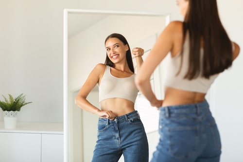 Self,Confidence,Concept.,Happy,Caucasian,Lady,Pointing,Finger,At,Her