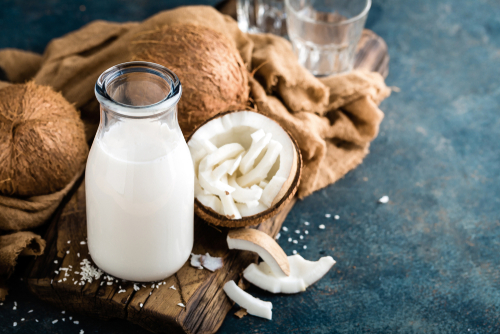 Fresh,Coconut,Milk,In,Glass,Bottle,,Vegan,Non,Dairy,Healthy
